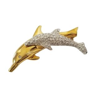 SWAROVSKI Vintage Dolphin Mom And Baby Pave Crystal Rhinestone Brooch Retired